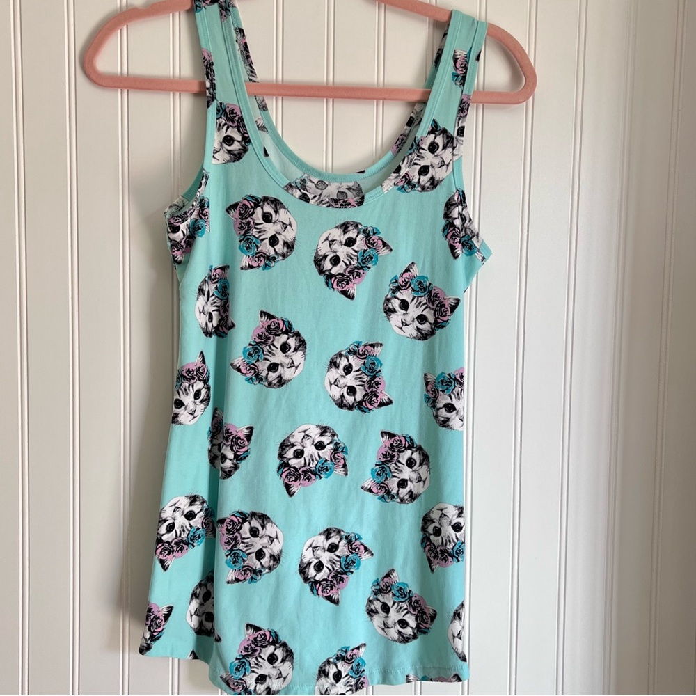 Mint Green/Blue L Tank Top w/ Kittens in Flower Crowns Cats Cute Kawaii Girly